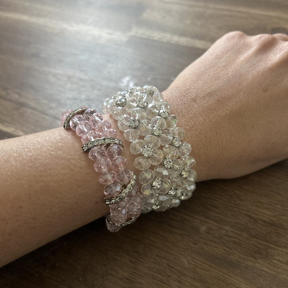 Stretch Bracelet Faceted Glass? Beads Clear Rhinestones Pink Super Sparkle Lot 2
